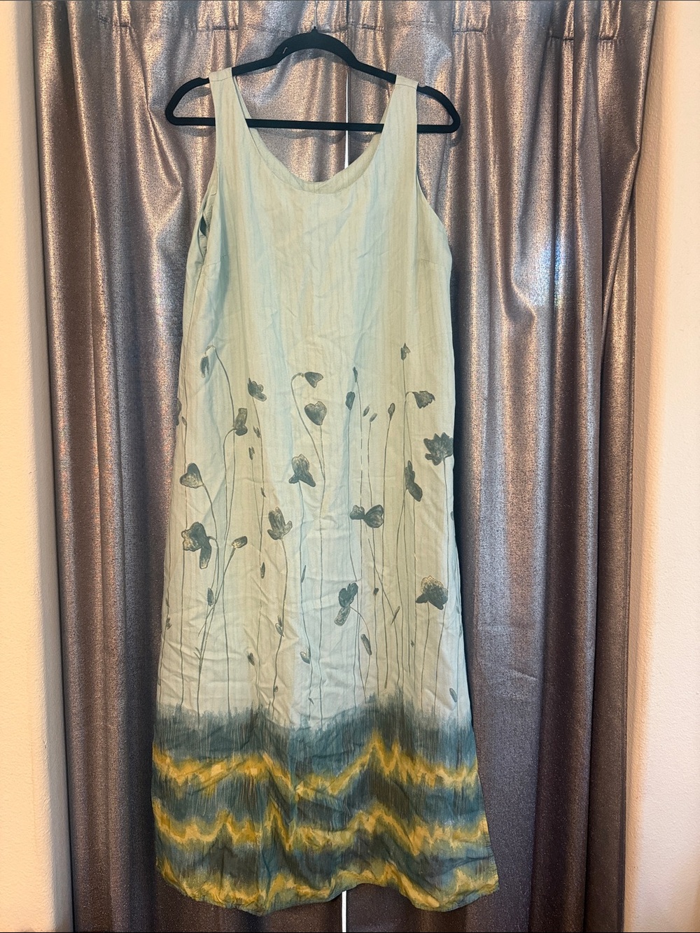 Vintage Midi Dress Size 14 Teal Blue Floral Sleeveless Column Boho Cottage 90s